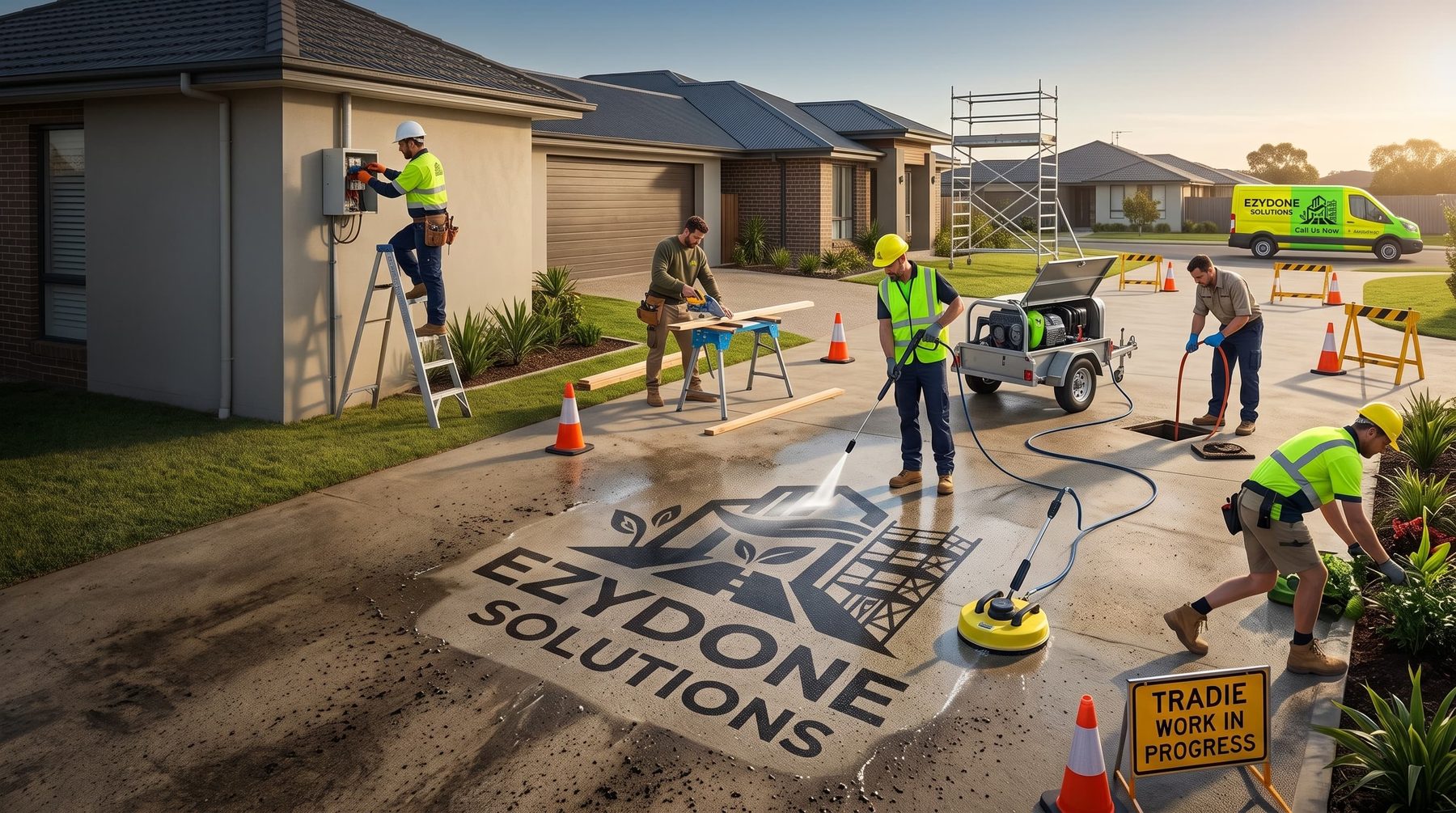 Ezy Done crew on a suburban job — electrical, carpentry, pressure washing, drains and landscaping, with the company mark cleaned into the driveway